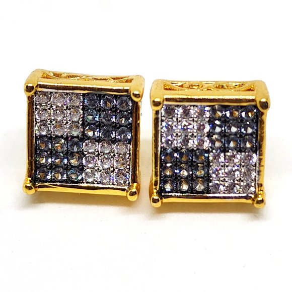 Iced Square Stud Pave Crystal Gold Plated Blue White Crystal Pierced Earrings - Picture 1 of 11